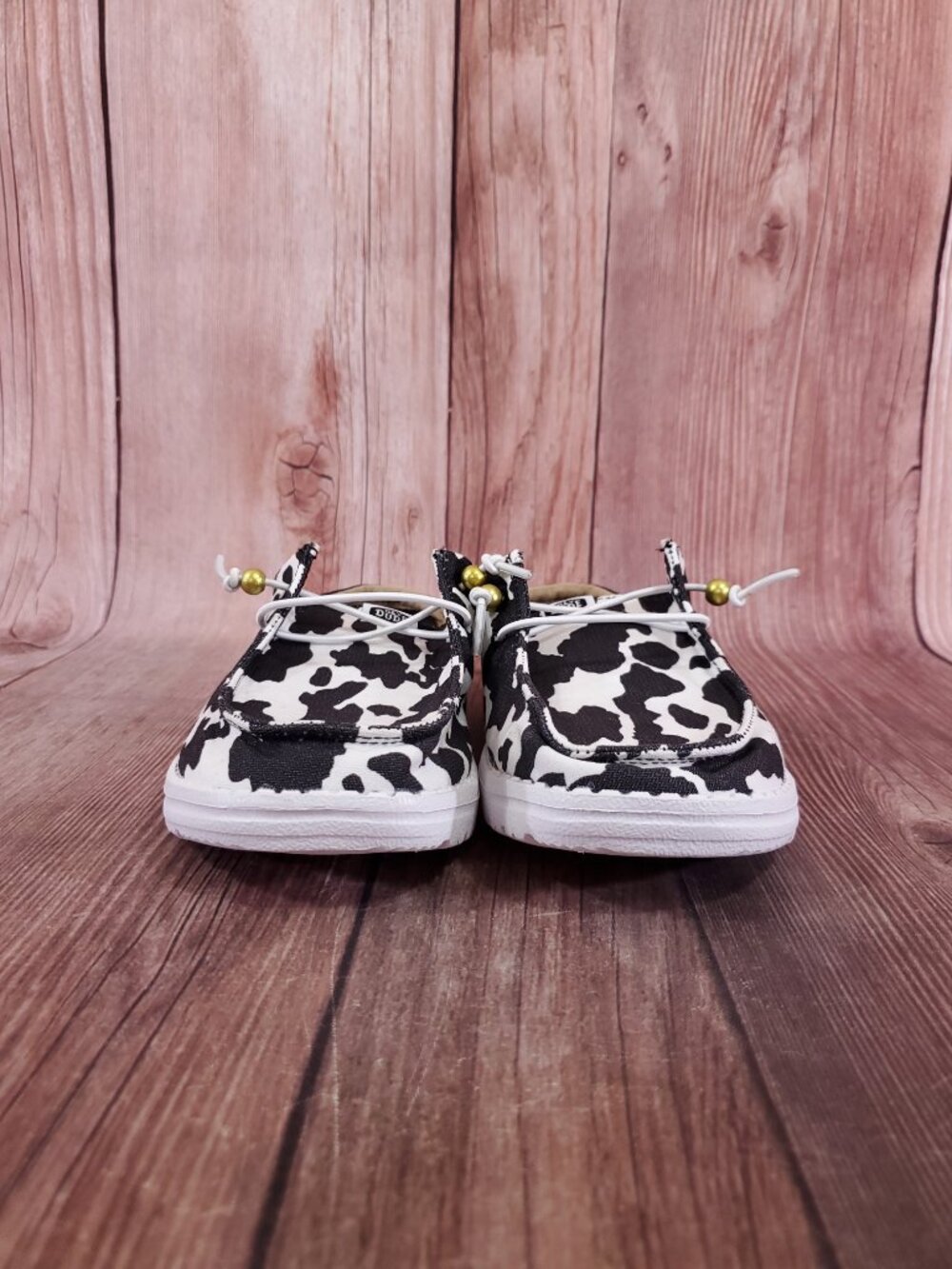 Hey Dude Womens Size 7 Wendy Slip On Classic White Black Cow Print Shoes - Picture 5 of 13